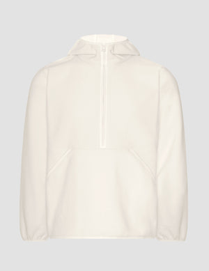 white fleece quarter zip jacket with a kangaroo pocket. 