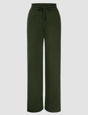 green mid-rise wide leg sweatpants with side slits and a drawcord at waistband. 