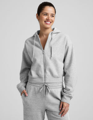 gray fleece zip-up jacket with a drawstring hood. 