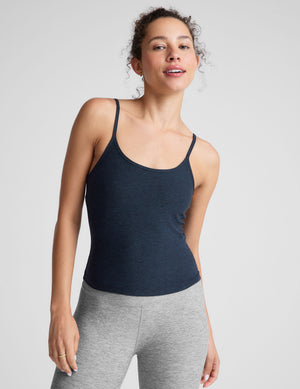 blue midway length tank with adjustable spaghetti straps. 