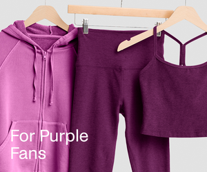 Purple hoodie, pants, and crop top on hangers with 'For Purple Fans' text.