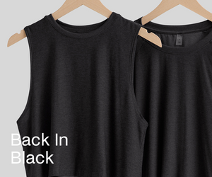 Two black sleeveless shirts on hangers with text 'Back In Black' on a light gray background.
